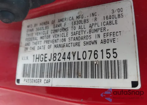 2000 Honda Civic Ex из США, поврежденный, VIN 1HGEJ8244YL076155